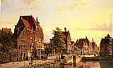 Town Canvas Paintings - Figures by a Canal in a Dutch Town